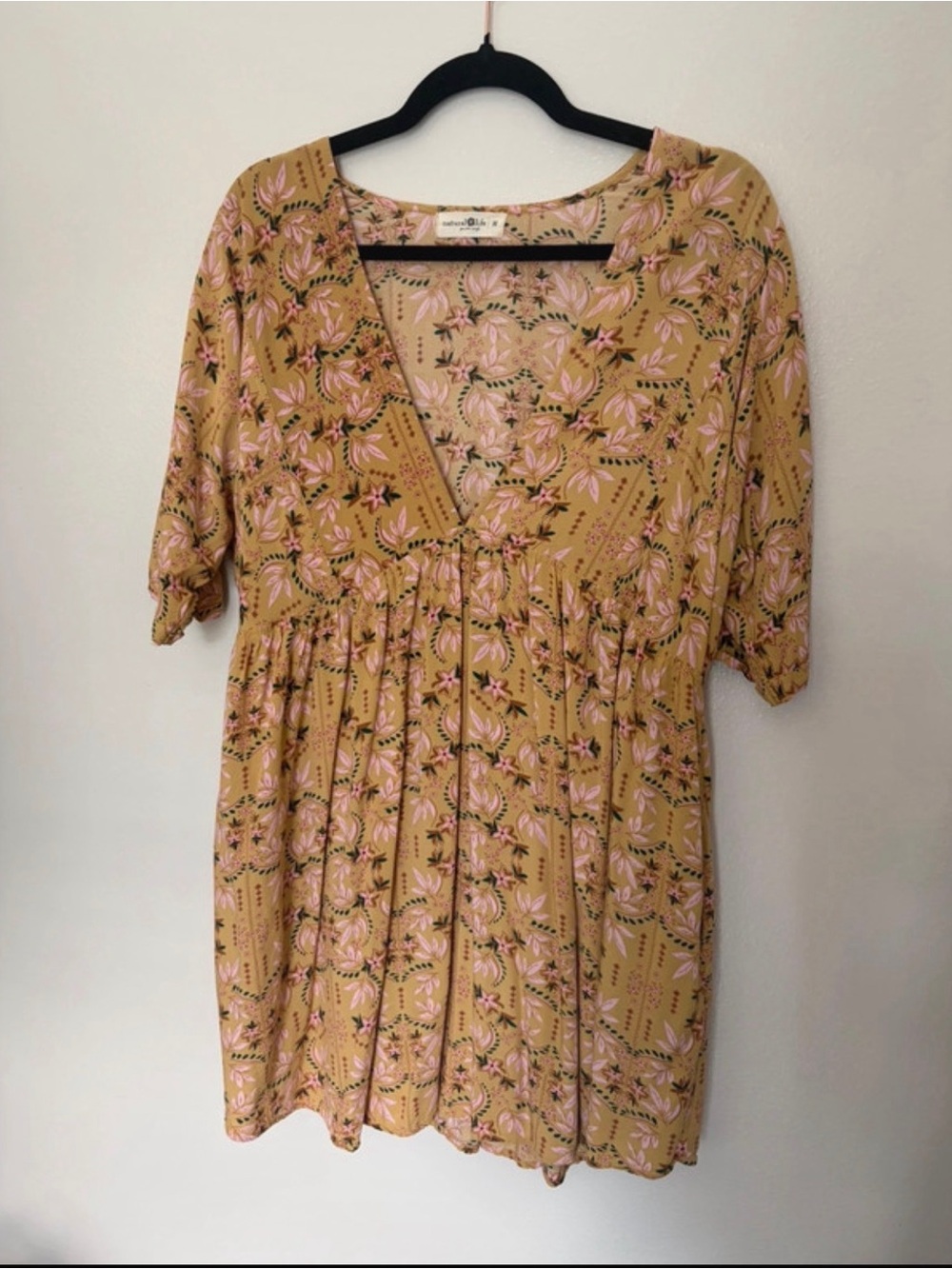 NATURAL LIFE Stella Mustard Pink Floral V-Neck Mini Dress